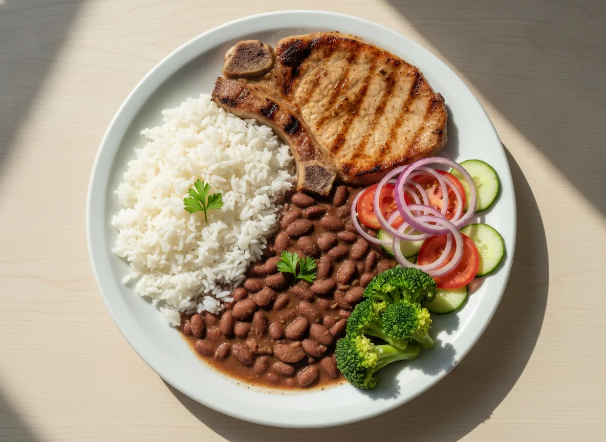 Prato feito brasileiro com arroz, feijão, carne de porco e salada photo