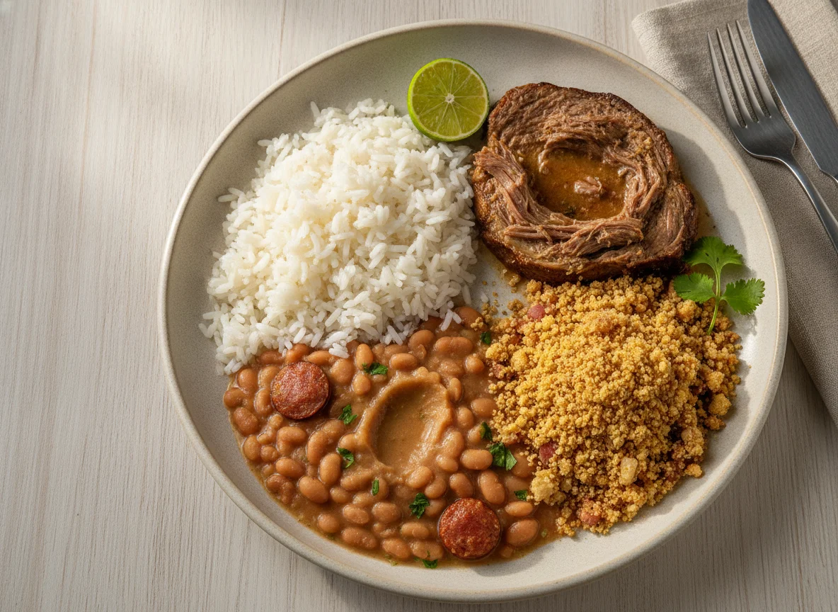 Prato feito brasileiro com arroz, feijão, carne e farofa photo