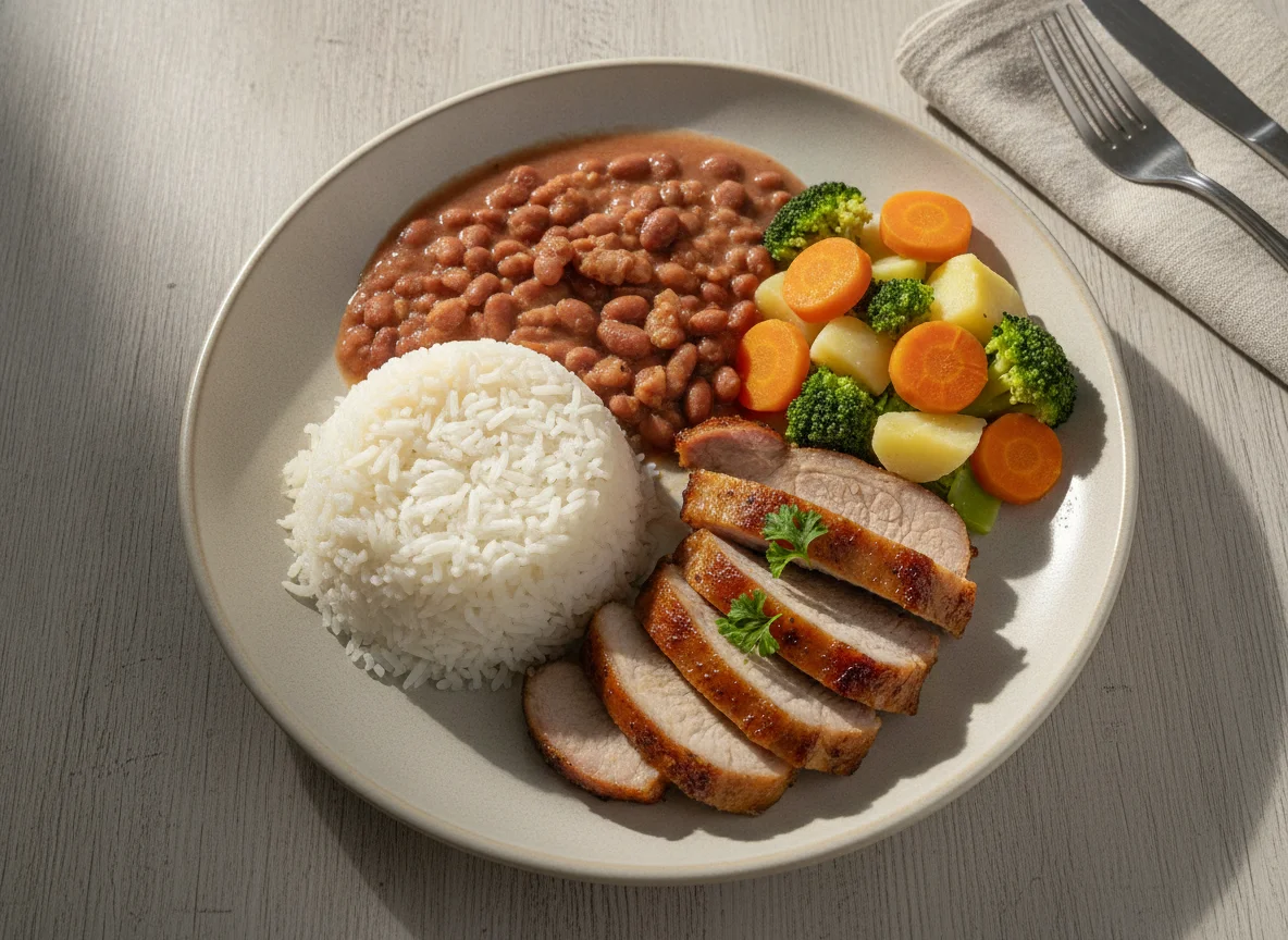 Prato feito brasileiro com arroz, feijão, carne e legumes photo