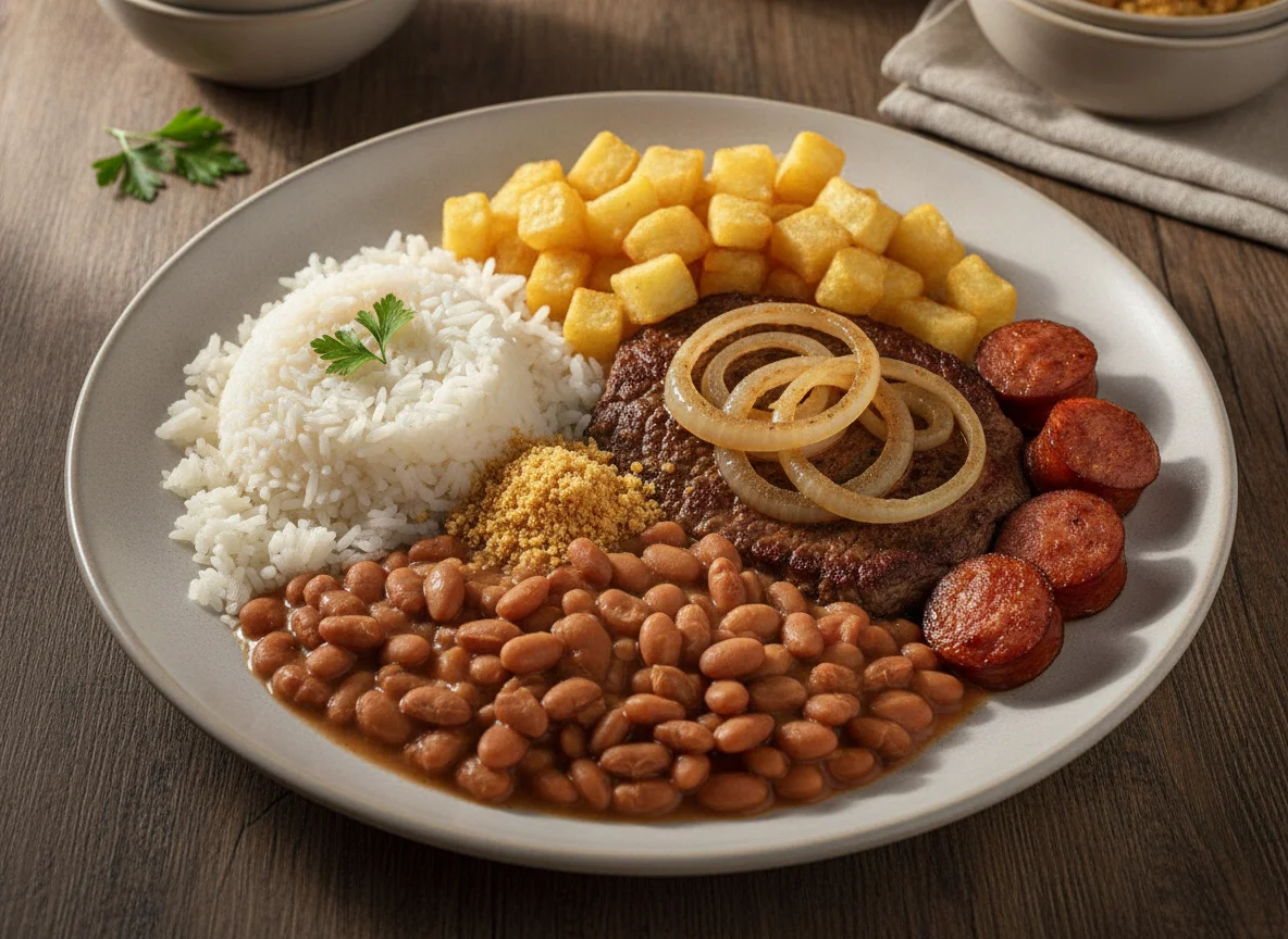 Prato Feito Brasileiro com Arroz, Feijão, Carne e Linguiça photo
