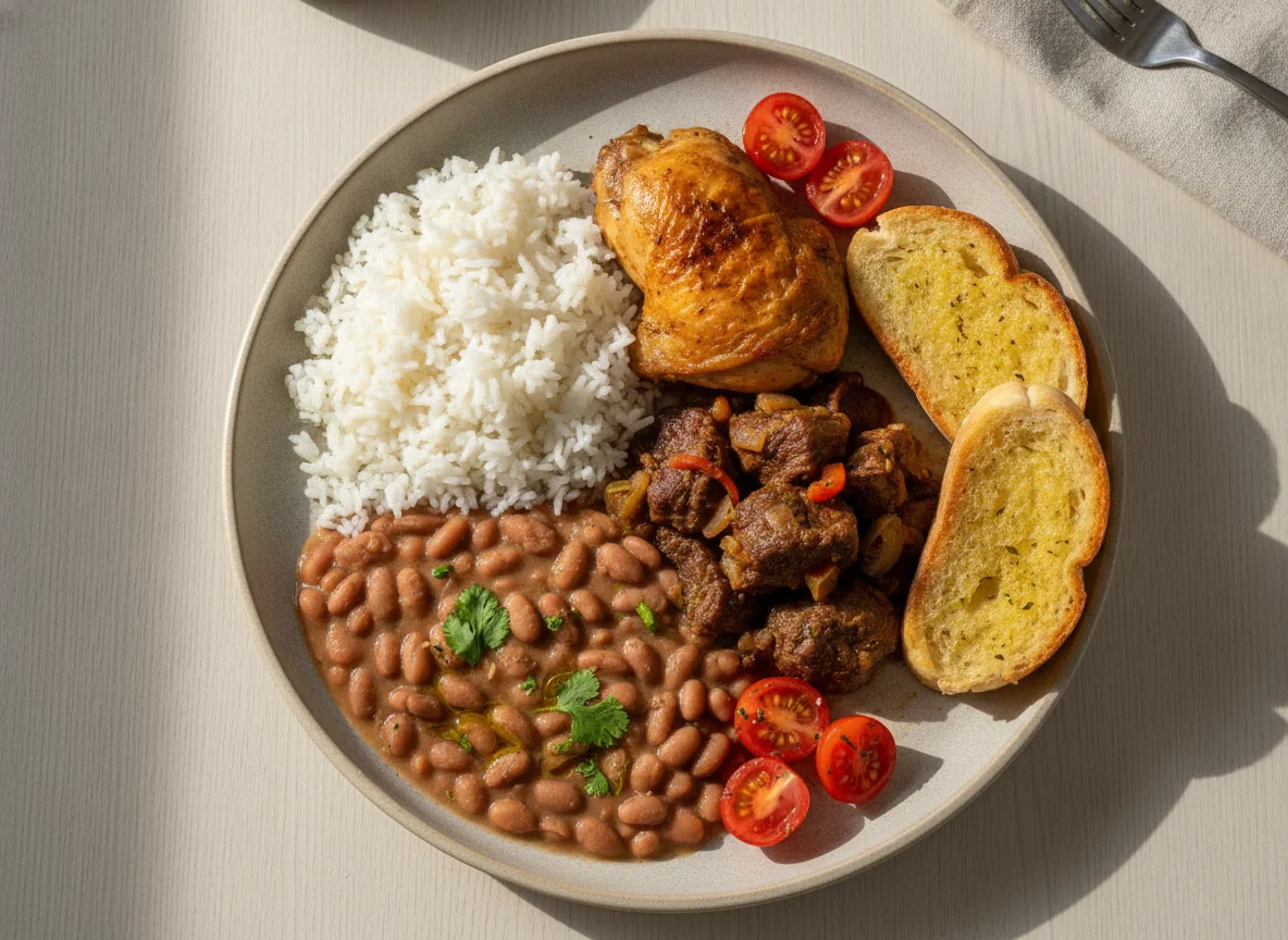 Prato Feito Brasileiro com Arroz, Feijão, Carne e Pão de Alho photo