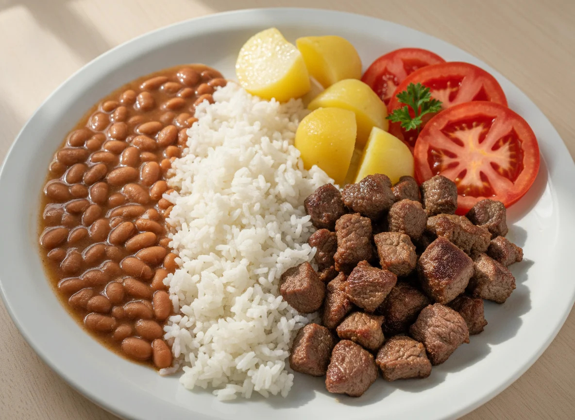 Prato feito brasileiro com arroz, feijão, carne e salada photo