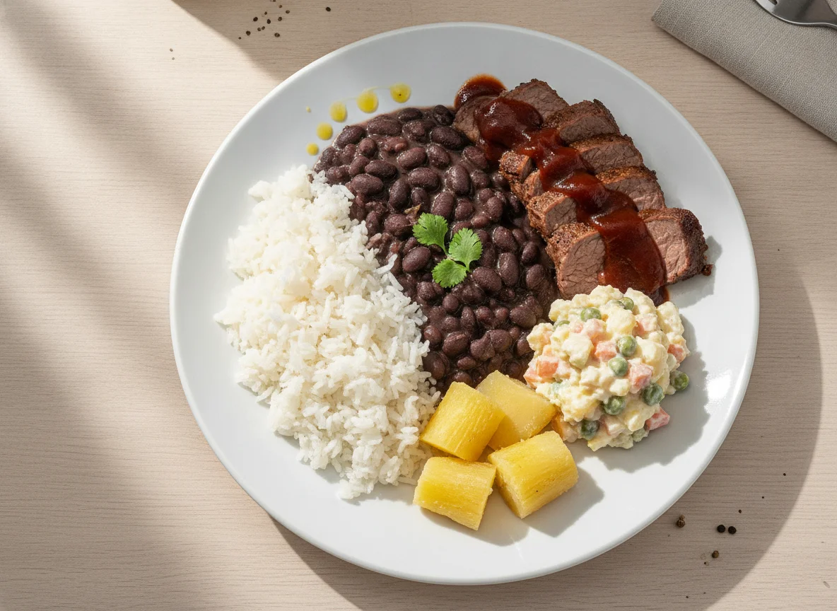 Prato Feito Brasileiro com Arroz, Feijão, Carne e Salada de Maionese photo