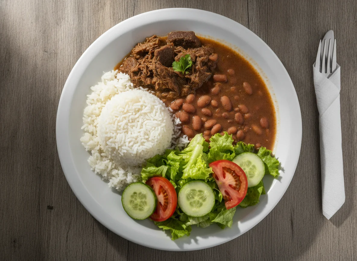 Prato feito brasileiro com arroz, feijão, carne ensopada e salada photo
