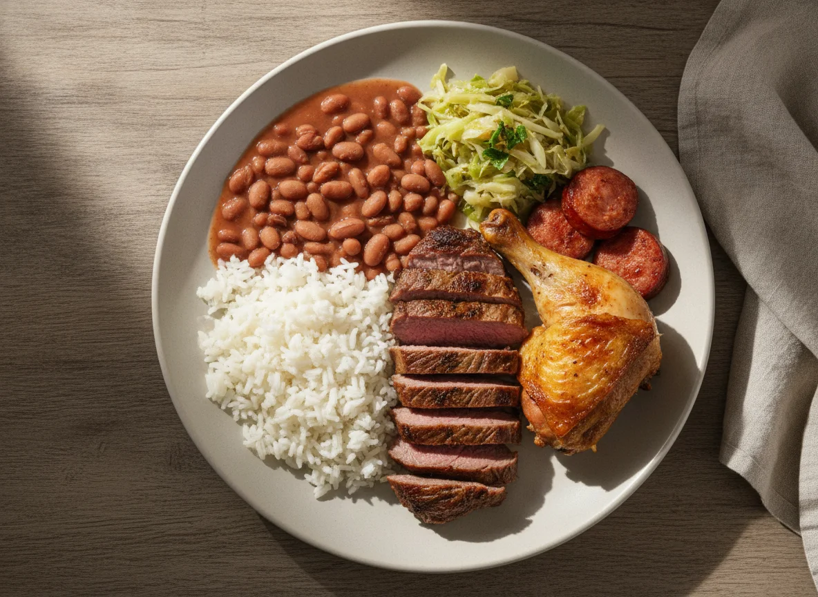 Prato feito brasileiro com arroz, feijão, carne, frango e repolho photo