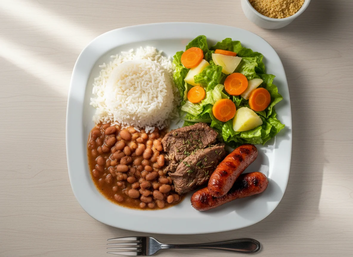 Prato feito brasileiro com arroz, feijão, carne, linguiça e salada photo