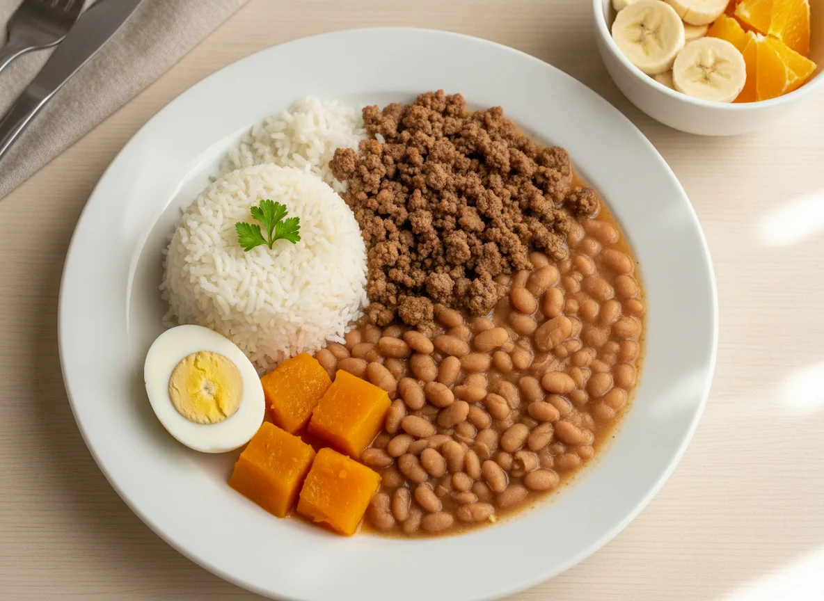 Prato feito brasileiro com arroz, feijão, carne moída, abóbora, ovos e frutas photo