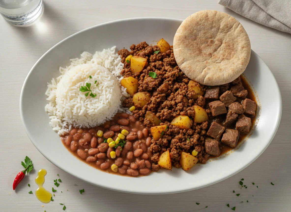 Prato feito brasileiro com arroz, feijão, carne moída com batata e pão sírio photo