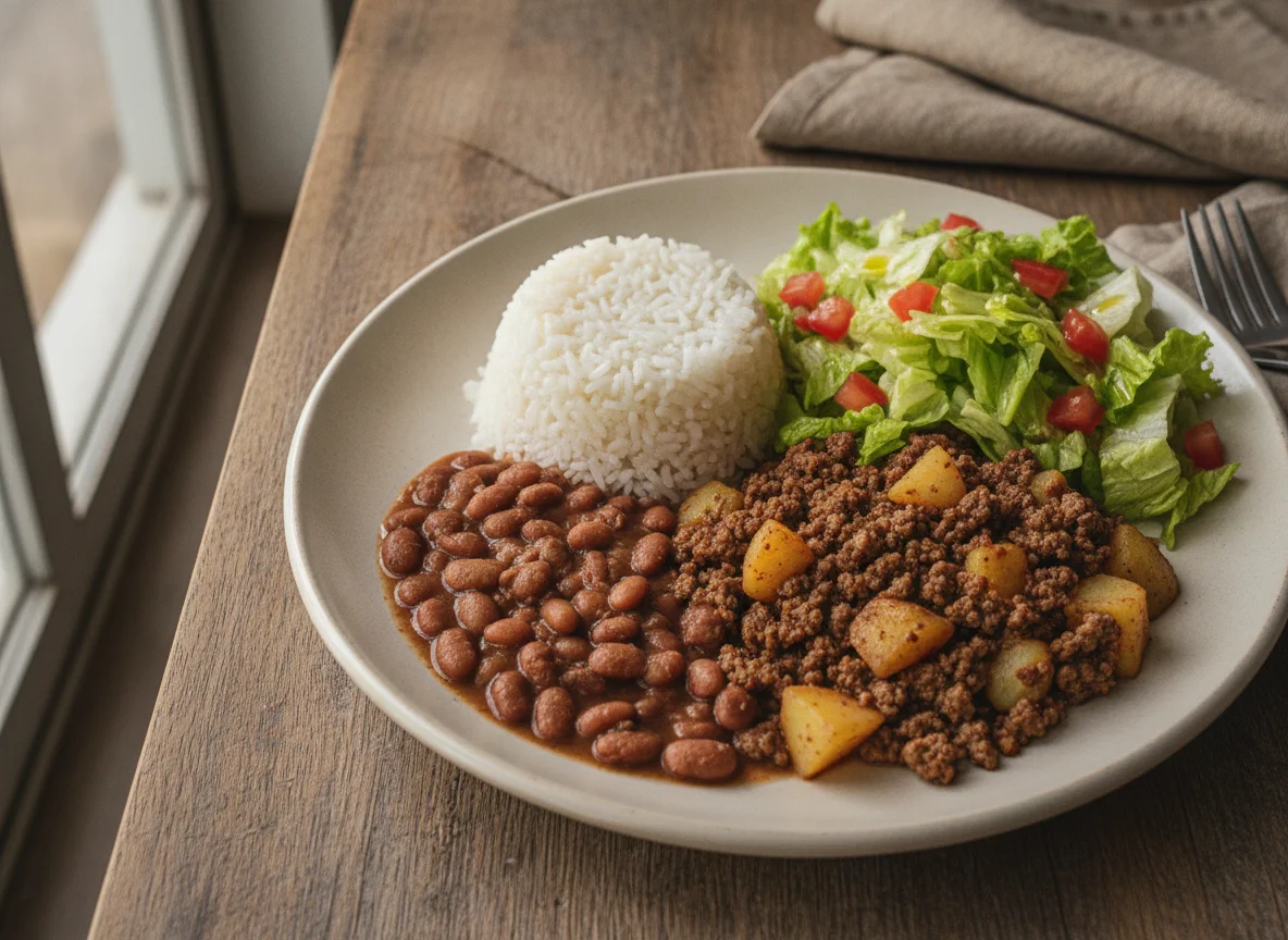 Prato feito brasileiro com arroz, feijão, carne moída com batatas e salada photo