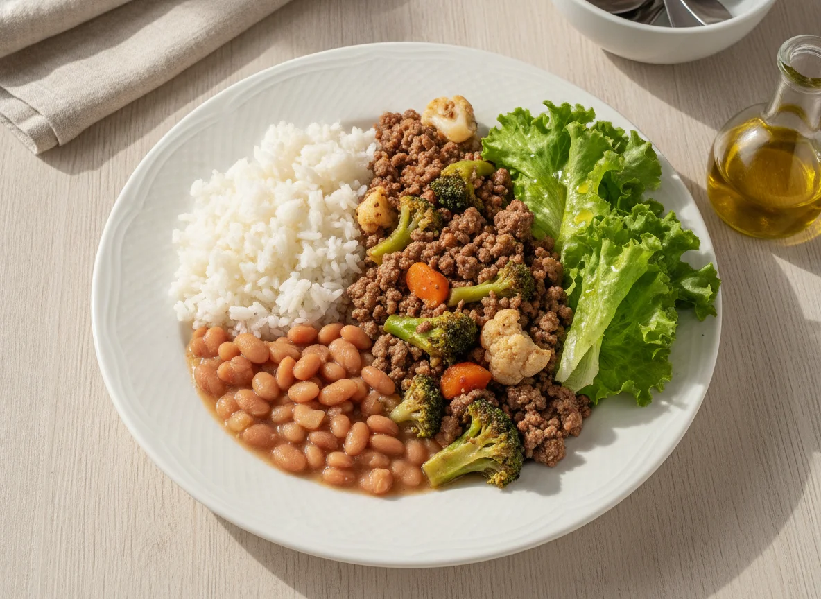 Prato feito brasileiro com arroz, feijão, carne moída com legumes e salada photo
