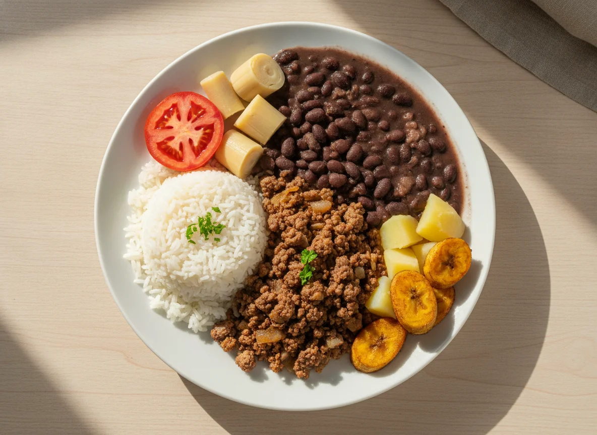 Prato feito brasileiro com arroz, feijão, carne moída e acompanhamentos photo