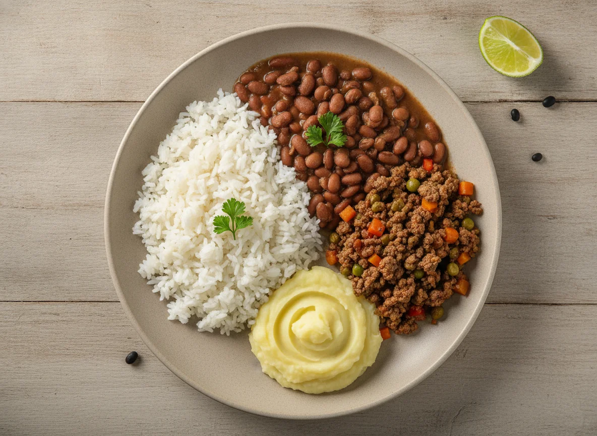 Prato feito brasileiro com arroz, feijão, carne moída e purê de batata photo