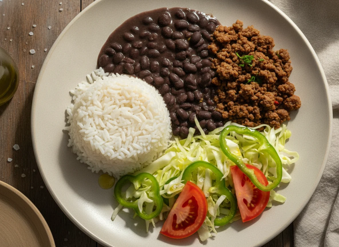 Prato feito brasileiro com arroz, feijão, carne moída e salada photo