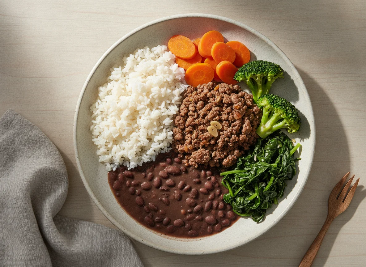 Prato feito brasileiro com arroz, feijão, carne moída e legumes photo