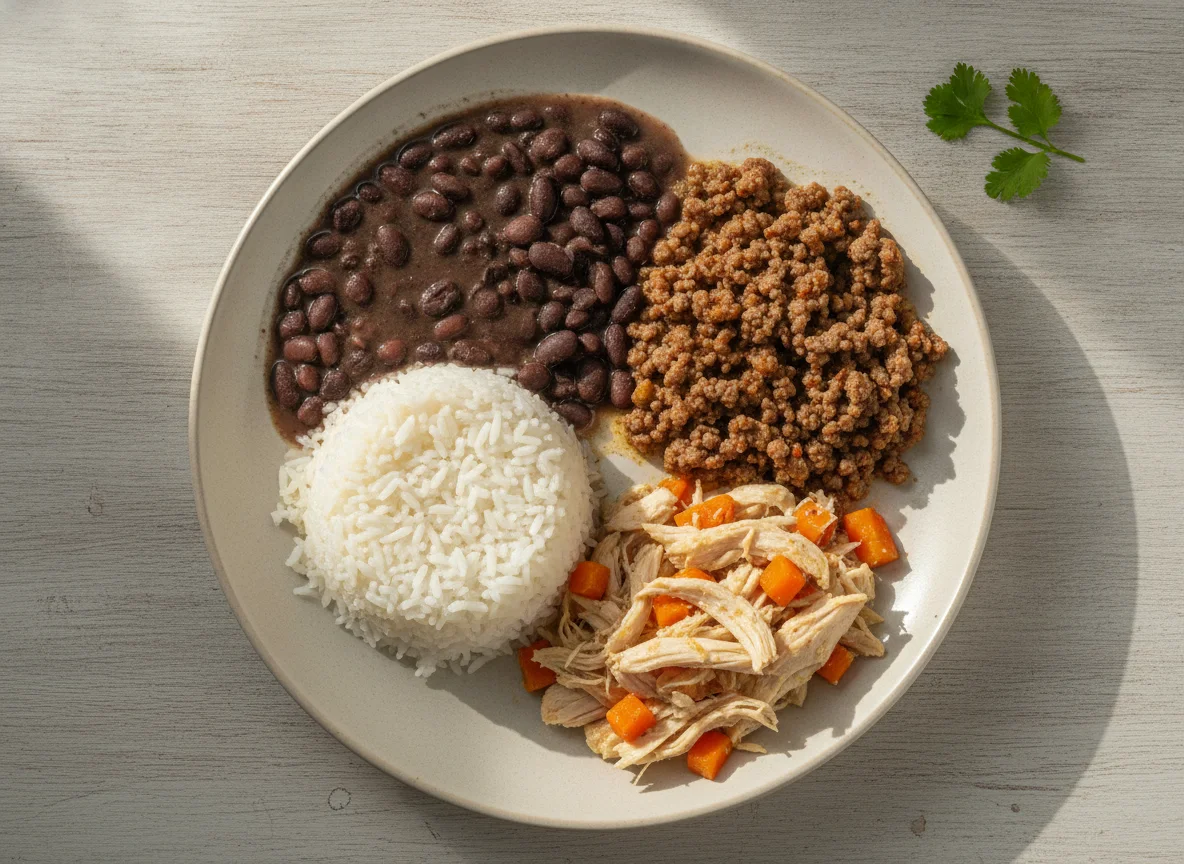 Prato feito brasileiro com arroz, feijão, carne moída e frango com cenoura photo