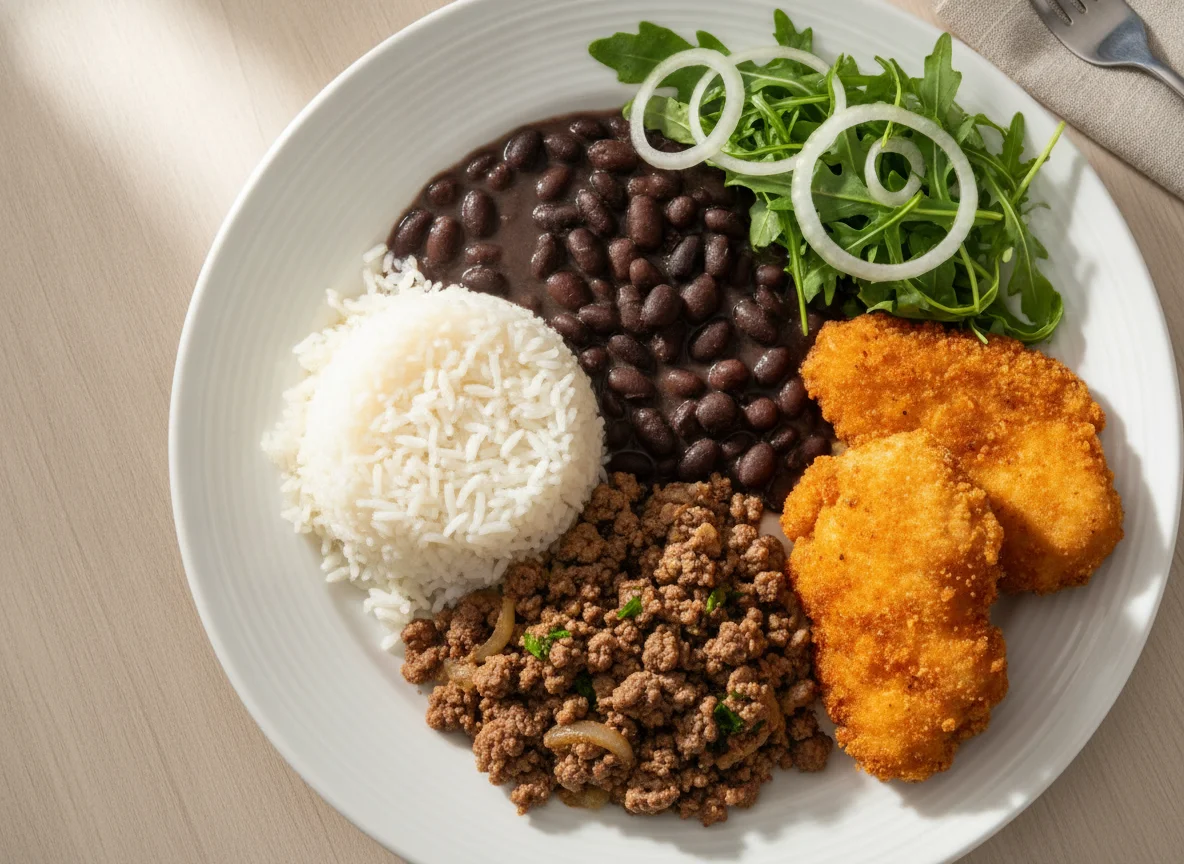 Prato feito brasileiro com arroz, feijão, carne moída, frango empanado e salada photo