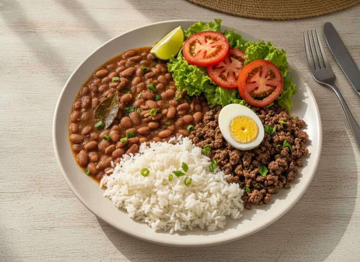 Prato feito brasileiro com arroz, feijão, carne moída, ovo e salada photo