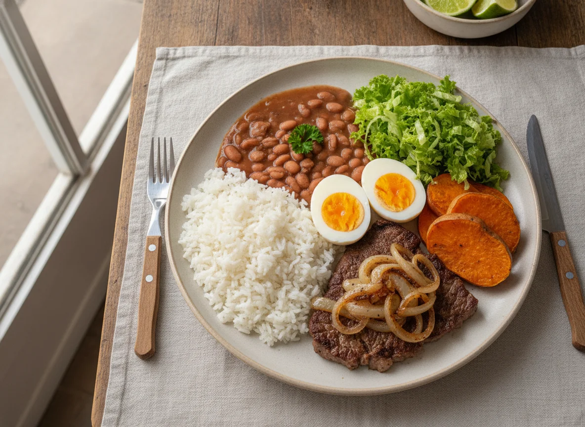 Prato feito brasileiro com arroz, feijão, carne, ovo, batata-doce e alface photo