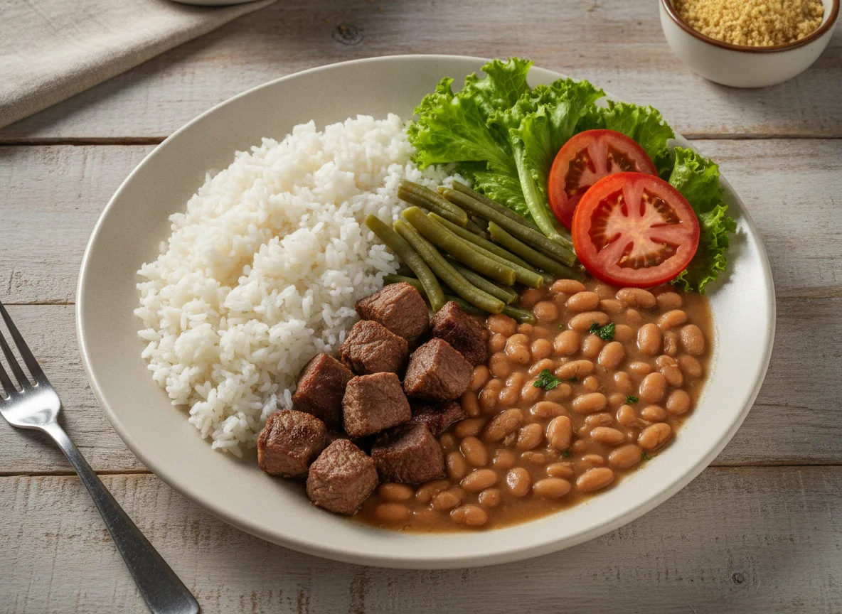 Prato feito brasileiro com arroz, feijão, carne, vagem e salada photo