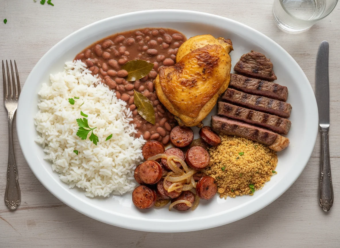 Prato feito brasileiro com arroz, feijão, carnes e farofa photo