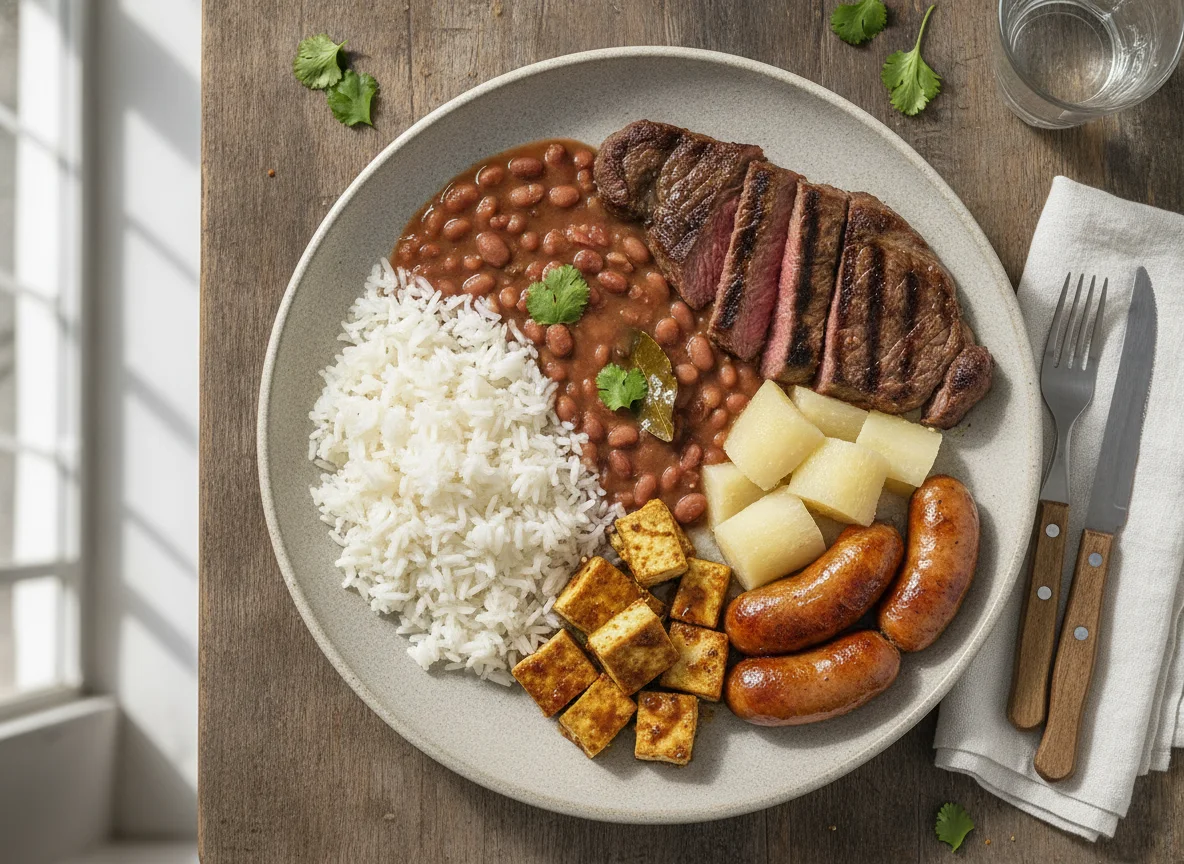 Prato feito brasileiro com arroz, feijão, carnes e tofu photo