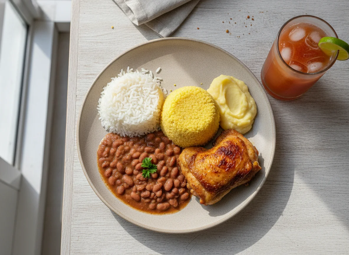 Prato feito brasileiro com arroz, feijão, cuscuz, frango e suco photo