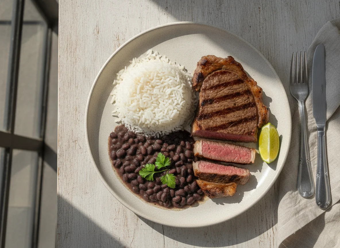 Prato feito brasileiro com arroz, feijão e carne photo