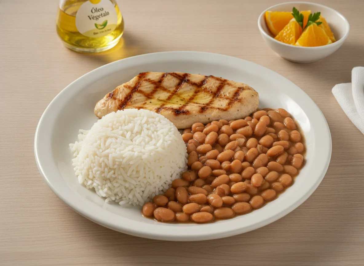 Prato feito brasileiro com arroz, feijão e frango grelhado photo