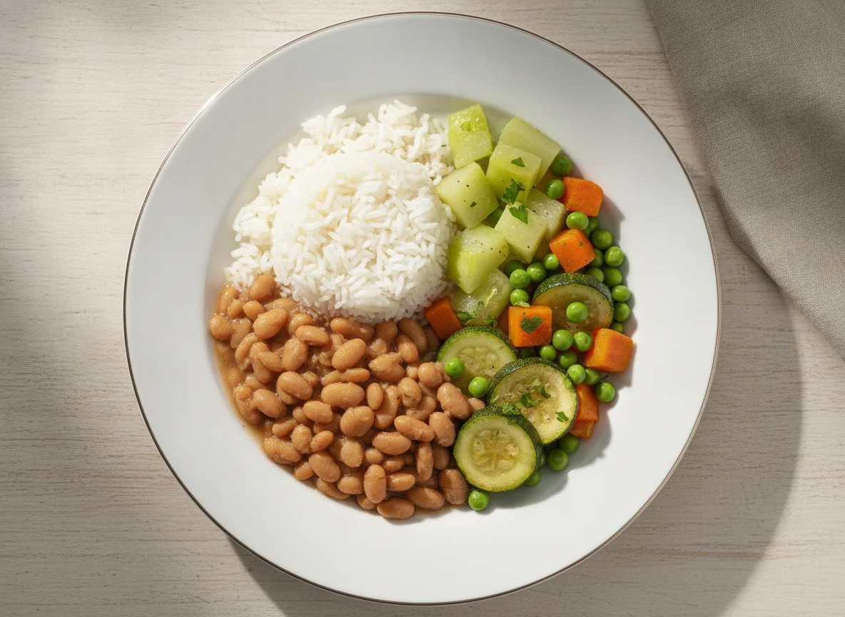 Prato feito brasileiro com arroz, feijão e legumes photo