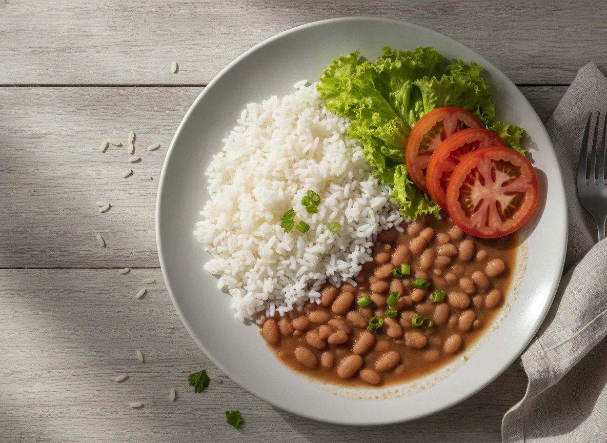 Prato feito brasileiro com arroz, feijão e salada photo