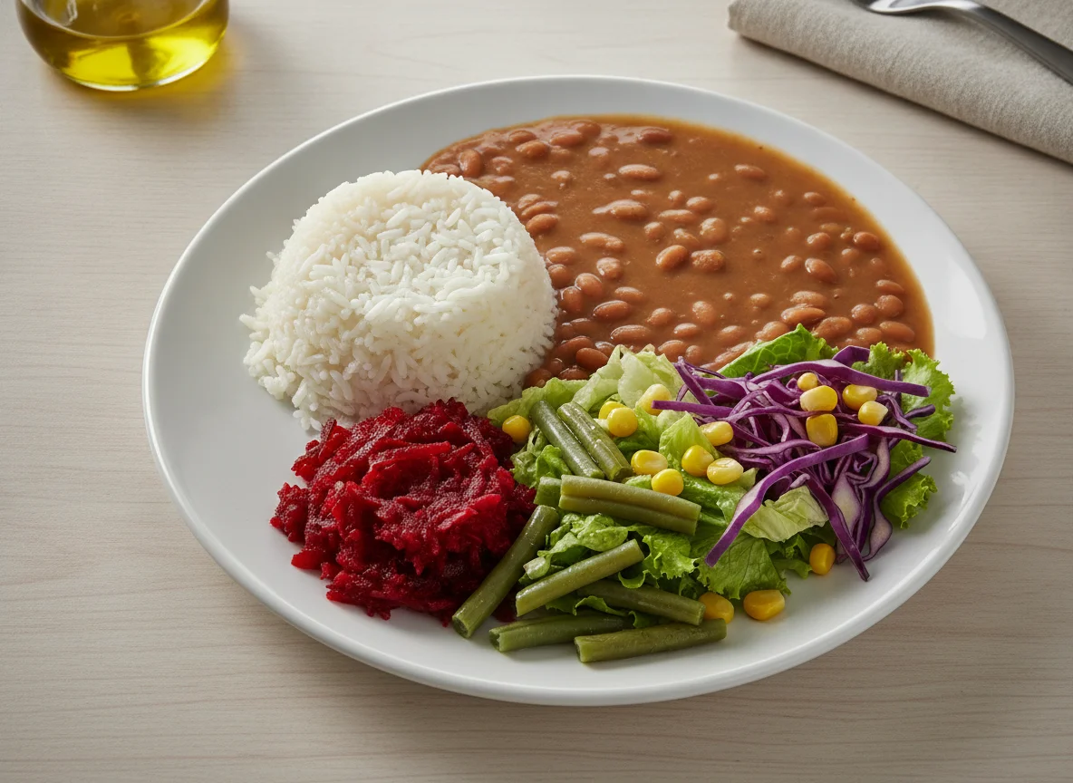 Prato feito brasileiro com arroz, feijão e saladas photo