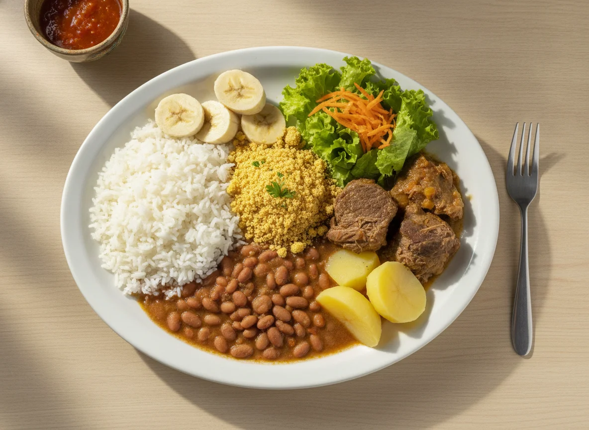 Prato feito brasileiro com arroz, feijão, farofa, batata, carne e banana photo