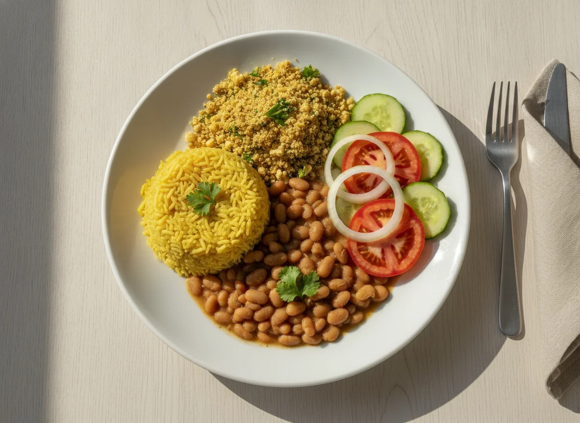 Prato Feito Brasileiro com Arroz, Feijão, Farofa e Salada photo