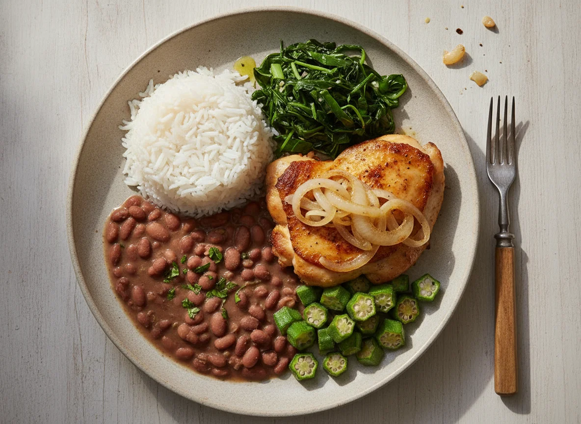 Prato feito brasileiro com arroz, feijão, frango acebolado, quiabo e couve photo