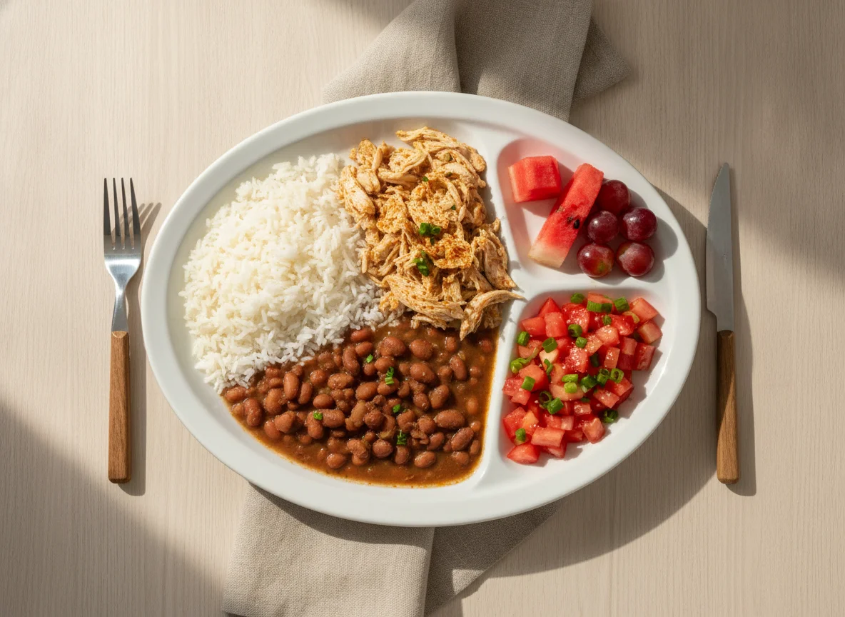 Prato feito brasileiro com arroz, feijão, frango desfiado e salada de tomate photo