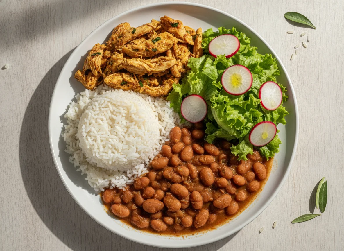 Prato feito brasileiro com arroz, feijão, frango desfiado e salada photo