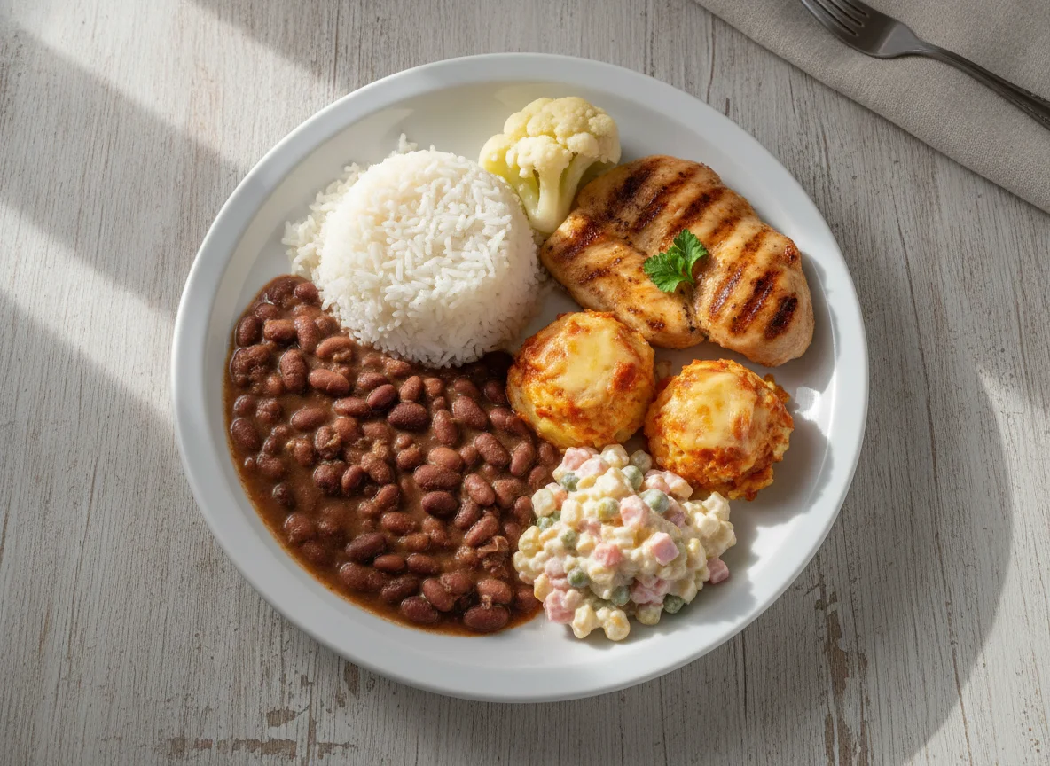 Prato feito brasileiro com arroz, feijão, frango e acompanhamentos photo