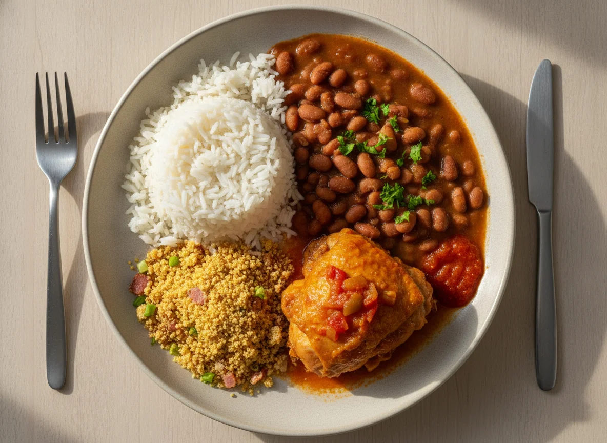 Prato feito brasileiro com arroz, feijão, frango e farofa photo