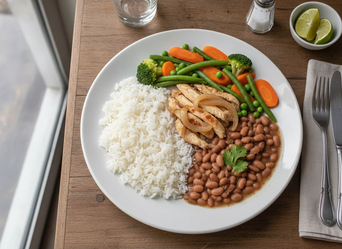 Prato feito brasileiro com arroz, feijão, frango e legumes photo