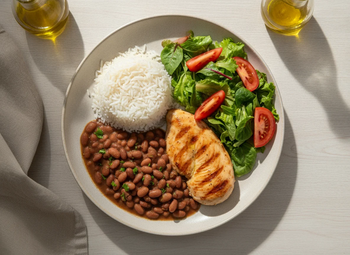 Prato feito brasileiro com arroz, feijão, frango e salada photo