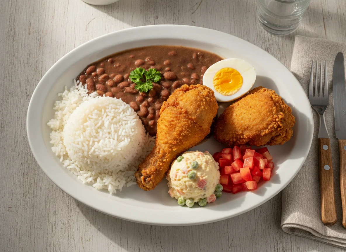 Prato feito brasileiro com arroz, feijão, frango frito e salada de maionese photo