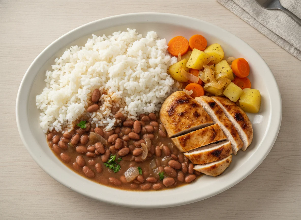 Prato feito brasileiro com arroz, feijão, frango grelhado e legumes photo