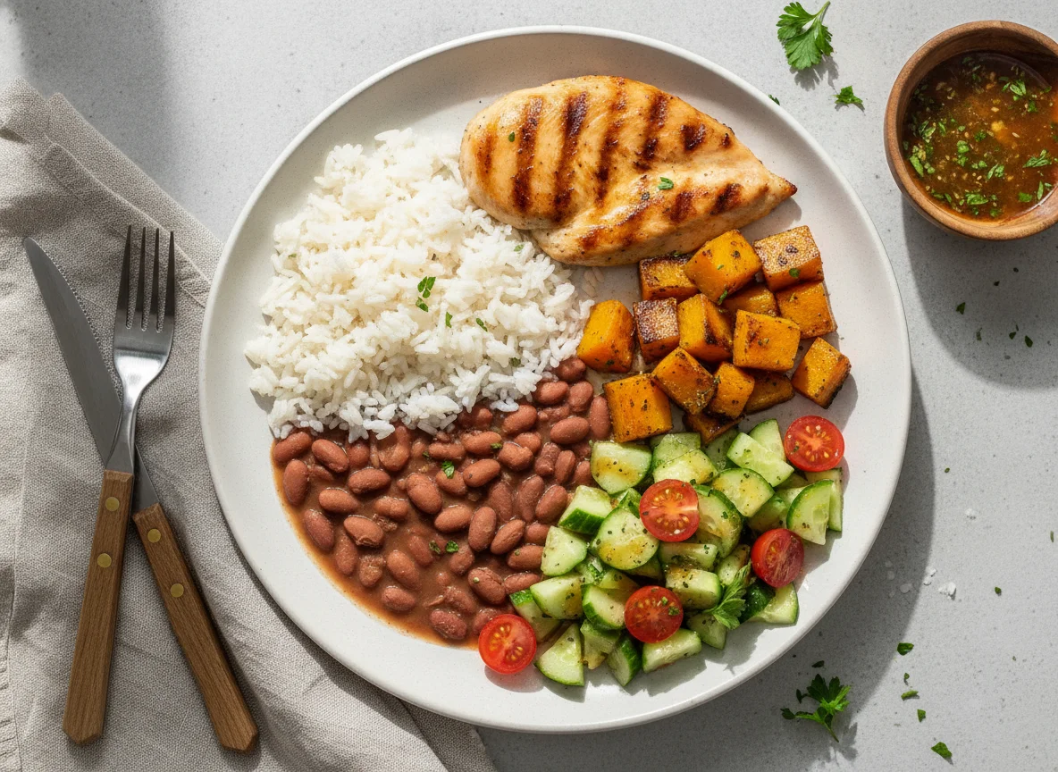 Prato feito brasileiro com arroz, feijão, frango grelhado, abóbora e salada photo