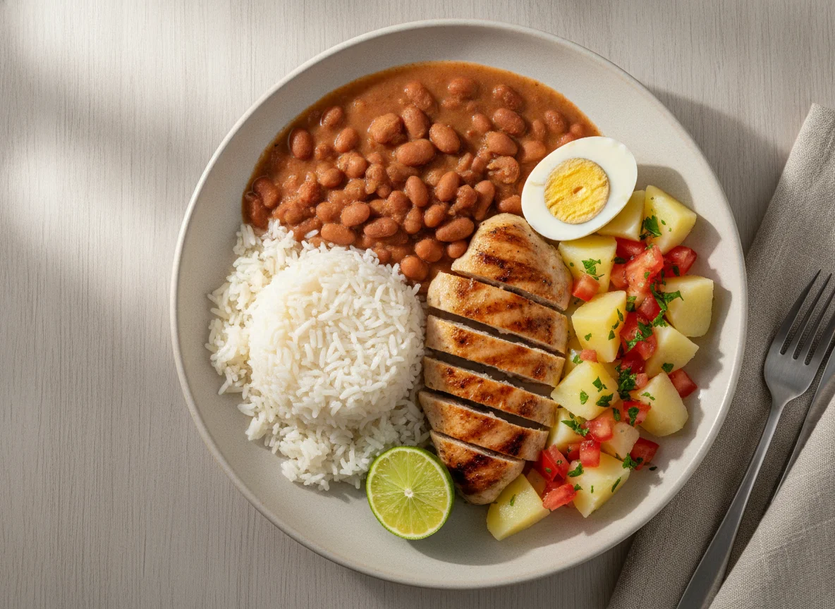 Prato feito brasileiro com arroz, feijão, frango, ovo, batata e tomate photo
