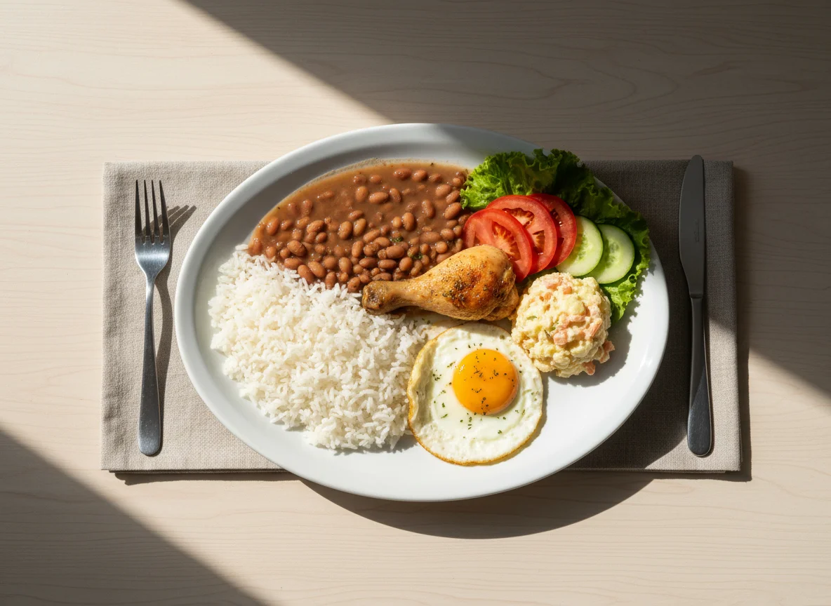 Prato feito brasileiro com arroz, feijão, frango, ovo e salada photo