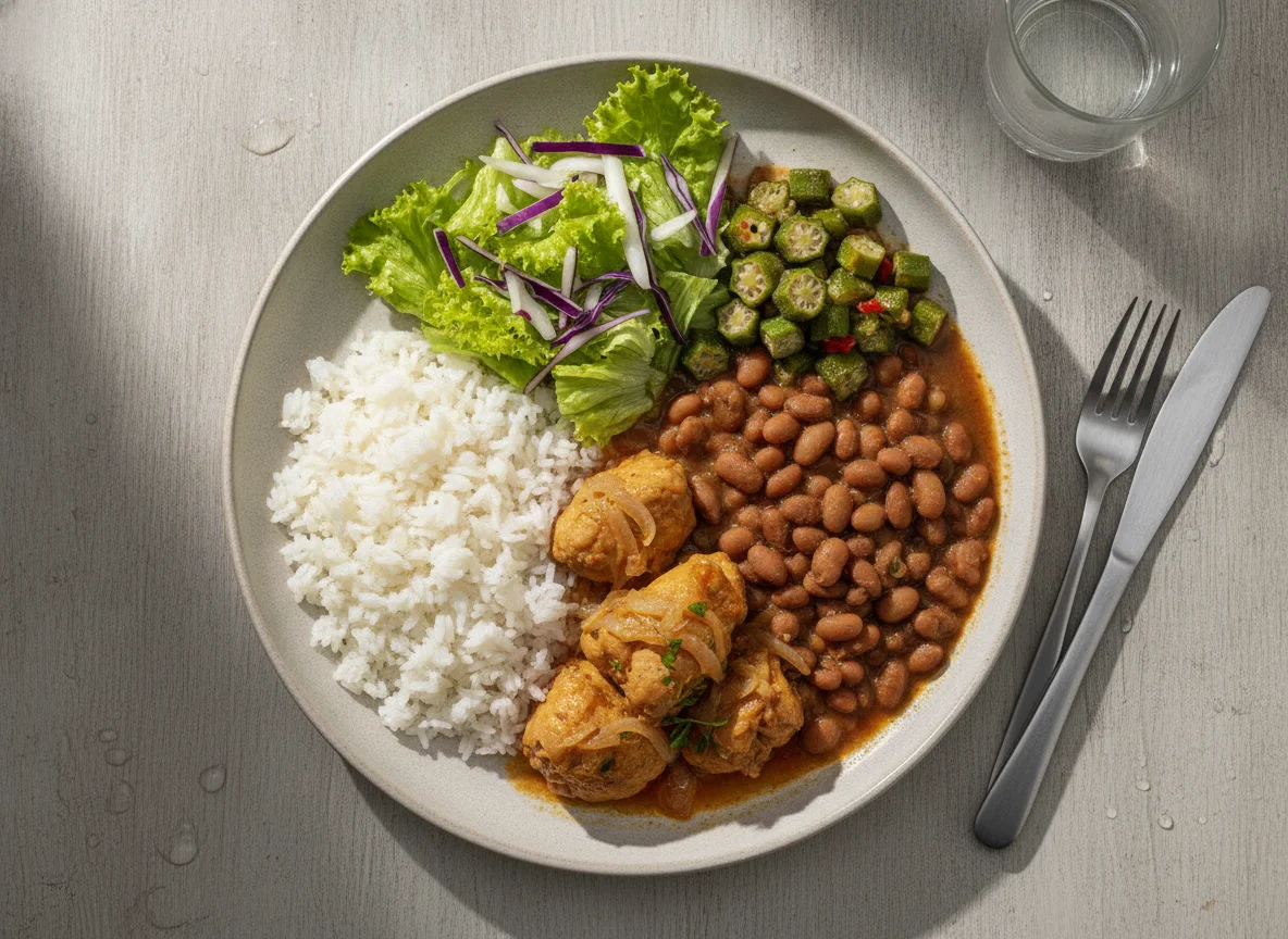 Prato feito brasileiro com arroz, feijão, frango, quiabo e salada photo