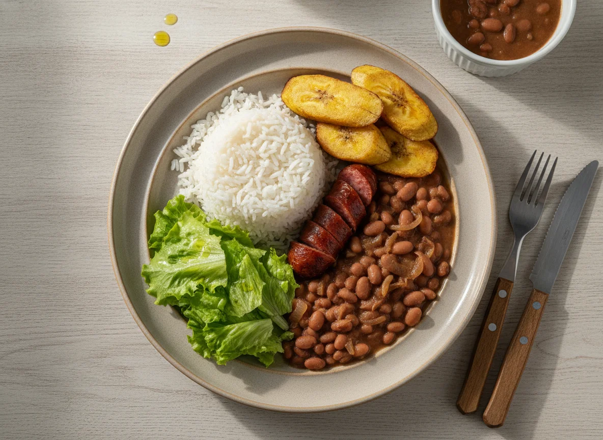Prato Feito Brasileiro com Arroz, Feijão, Linguiça, Banana Frita e Alface photo