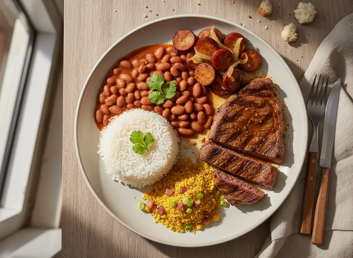 Prato Feito Brasileiro com Arroz, Feijão, Linguiça, Carne e Farofa photo