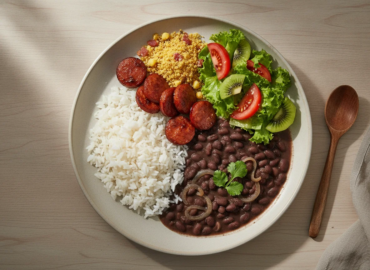 Prato feito brasileiro com arroz, feijão, linguiça com farofa e salada photo