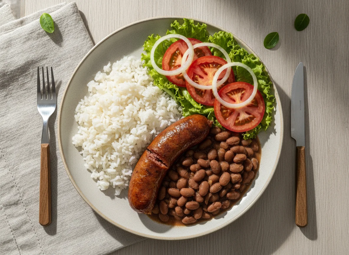 Prato feito brasileiro com arroz, feijão, linguiça e salada photo